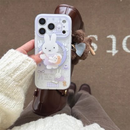 Korean INS Star Bow Rabbit With Magsafe Stand Phone Case for iPhone 17 Pro 13 14 15 16 Pro Max Cover Rotate Holder Cute Cases