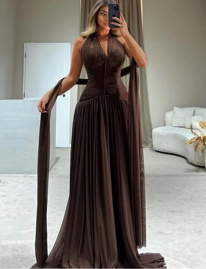 Customized Brown Chiffon ribbon Halter Neck Prom Dress pleated skirt robes de soirée Floor-Length Formal events dress
