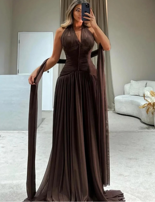 Customized Brown Chiffon ribbon Halter Neck Prom Dress pleated skirt robes de soirée Floor-Length Formal events dress