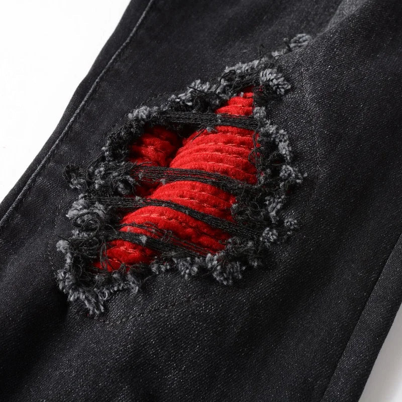 Men's Cracked Red Pleated Patch Biker Jeans Streetwear Patchwork Stretch Denim Pants Skinny Tapered Black Trousers