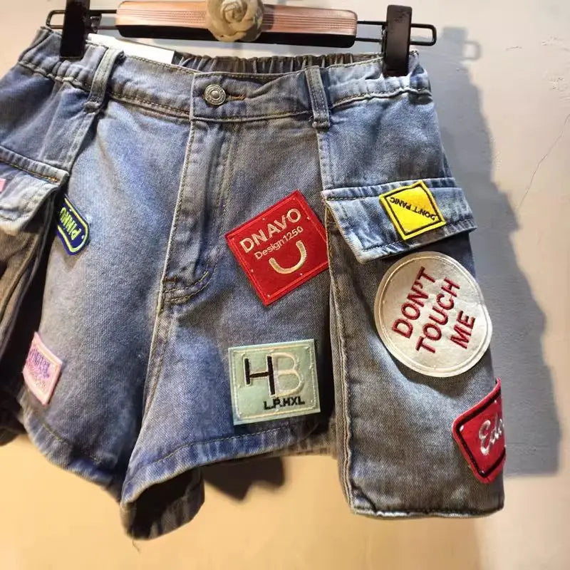 2026 Summer New Embroidery Letter High Waist Cargo Pocket Denim Shorts Women
