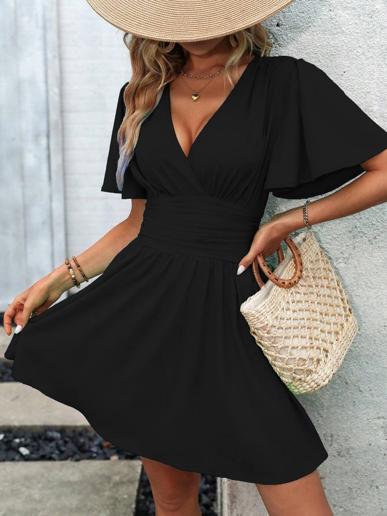 2025 New Summer Deep V-Neck Smocked Ruffled Sleeves Bodycon Dress Women French Retro Style Solid Color Short Long Midi Maxi Dres