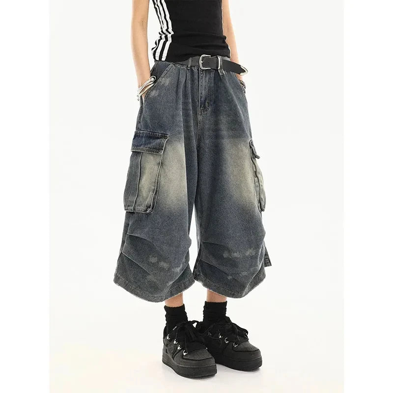 2026 Y2k Retro Women Low Rise Jorts Brushed Black Wash Cropped Baggy Jeans Wide Leg Frayed Denim Short Pants Fashion