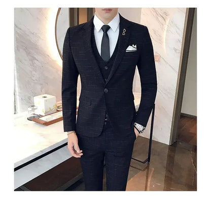 Blue Men Classic Striped/Checked Suits, Asian Size Slim Fit Business Office 3-Piece Sets, Black/Gray and Red Available.
