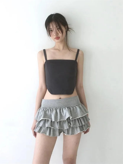 Y2k Lolita Mini Cake Skirt Soft Girl low Waist Ruffle Fluffy Fairy Skirts Summer Kawaii Cute Elegant Short Skirt Black