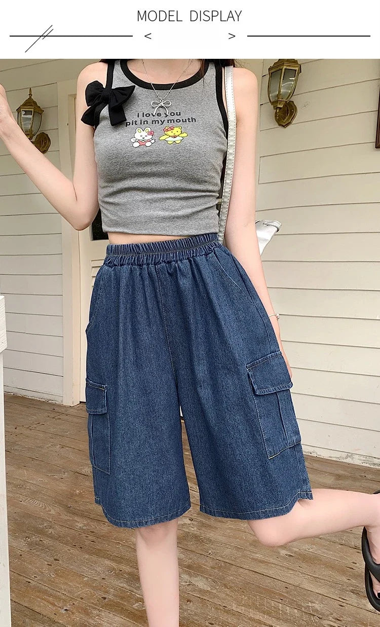 2026 Summer New Women's Denim Shorts Straight Trendy Loose Versatile Dad Shorts Thin Japanese Style Knee-length Pants