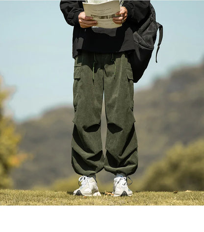 2025 autumn and winter new retro brown corduroy multi pocket workwear pants for men, loose drawstring elastic waist pants
