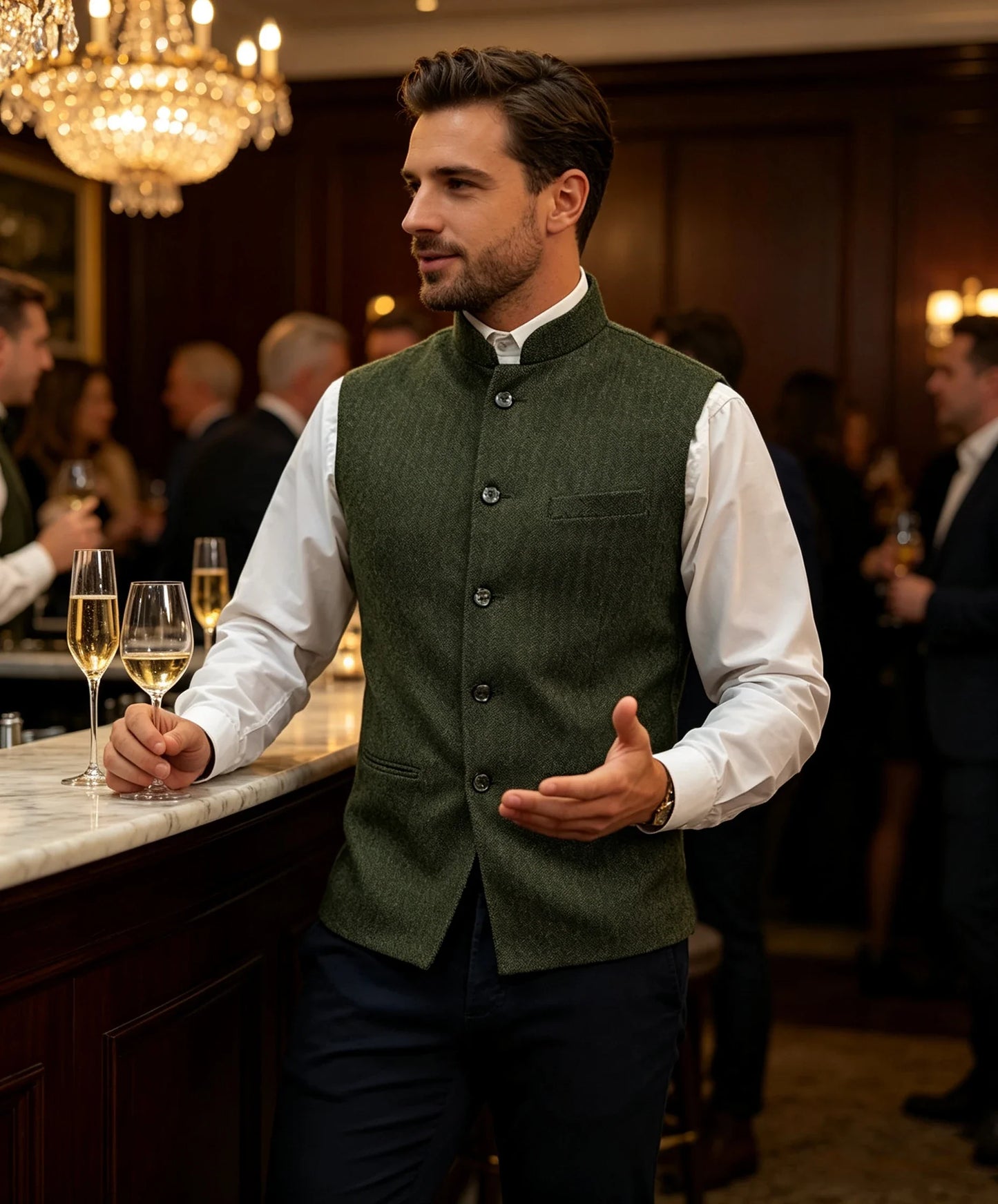Mens Suit Tweed Vest Stand Collar Single Breasted Herringbone Sleeveless Waistcoat Casual Business Wedding Party Outerwear Gilet