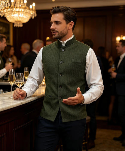 Mens Suit Tweed Vest Stand Collar Single Breasted Herringbone Sleeveless Waistcoat Casual Business Wedding Party Outerwear Gilet