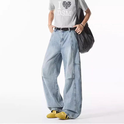Spring And Summer Retro Blue Curved Knife Jeans Korean Version Men'S Loose Straight Leg Pants Wide Leg Casual Pants