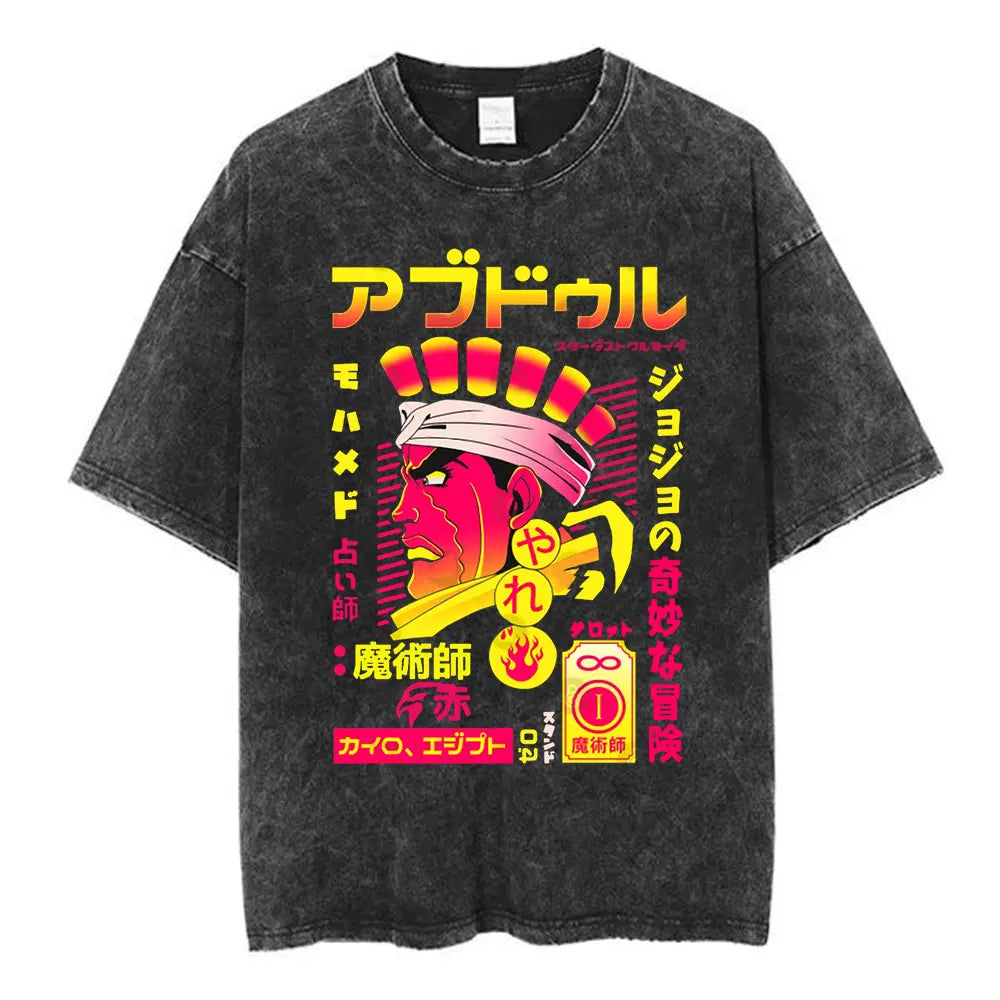 Anime Jojo Bizarre Adventure Washed T-shirt STEEL BALL RUN Diego Brando Manga T-shirts Men Women Cotton Casual Oversized T shirt