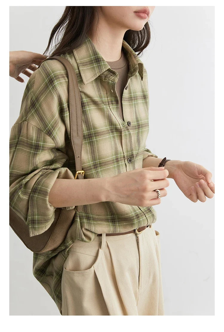 Women Shirts Loose Casual New Sanding Plaid Shirt Long Sleeve Medium Long Length Blouses Female Tops Spring Autumn 2025