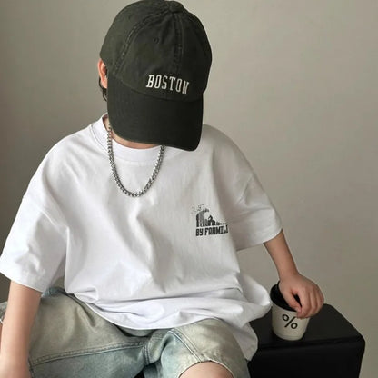 Black Graffiti Letters Pure Cotton Short Sleeve T-Shirt for Tween Boys Loose Fit Summer Youthful Wear Kids Outerwear Clothing