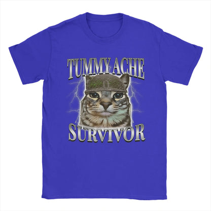 Tummy Ache Survivor Cat Meme Funny Saying Cats Animals T Shirt Summer  Pure Cotton T-Shirts For Men's Trending Casual Tee Shirt