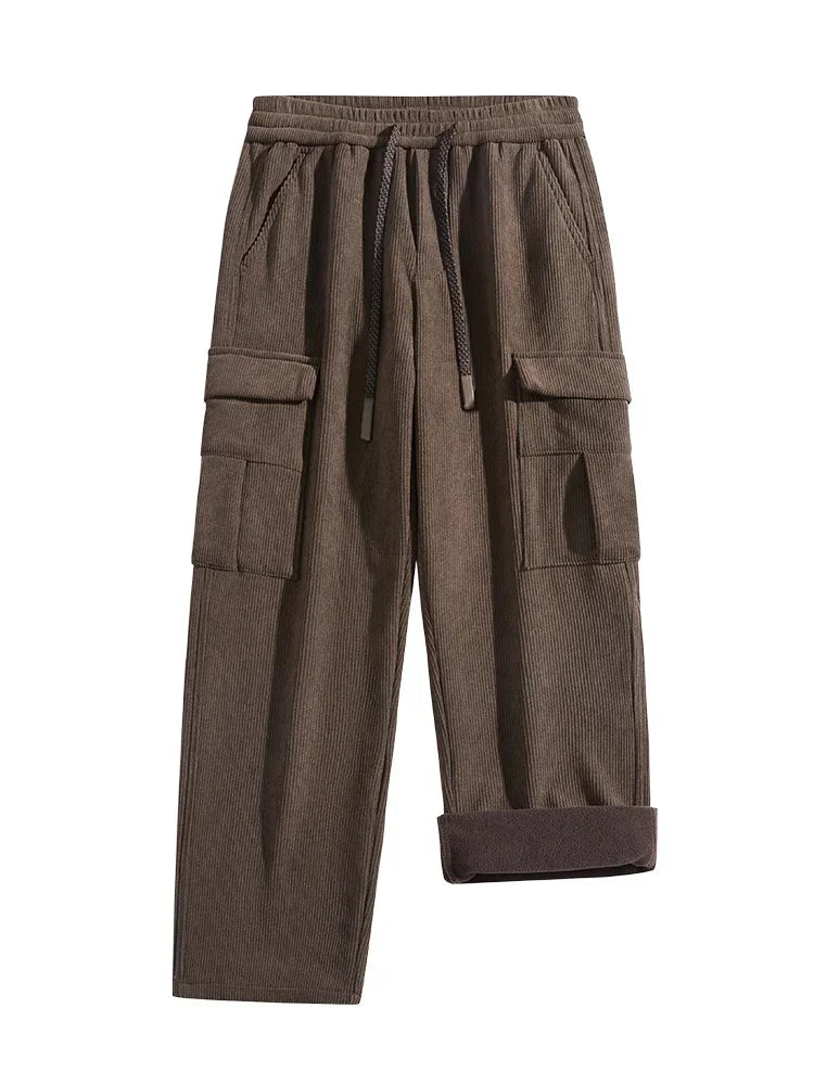 2026 New in Winter Corduroy Pants Men Straight Wide Leg Cargo Trouser Male Elastic Waist Loose Fit Thick Brown Warm Fleece Plush