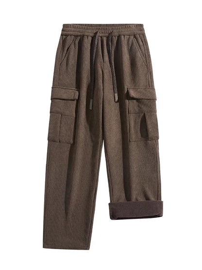 2026 New in Winter Corduroy Pants Men Straight Wide Leg Cargo Trouser Male Elastic Waist Loose Fit Thick Brown Warm Fleece Plush