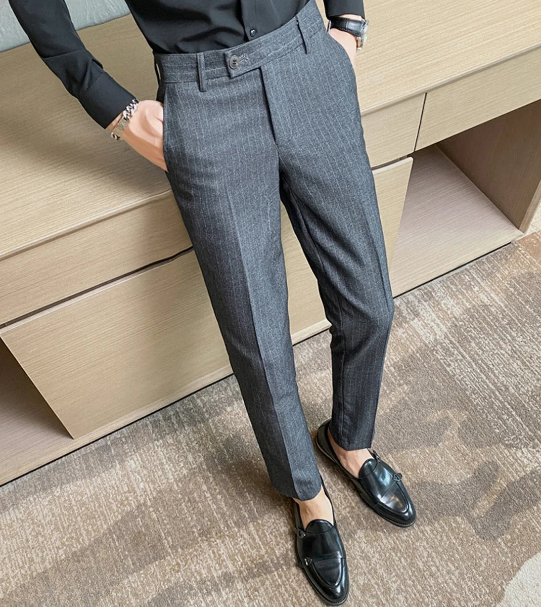 Boutique Classic Plaid and Striped Fashion Men's Casual Business Slim Suit Pants Groom Wedding Dress Trousers Party