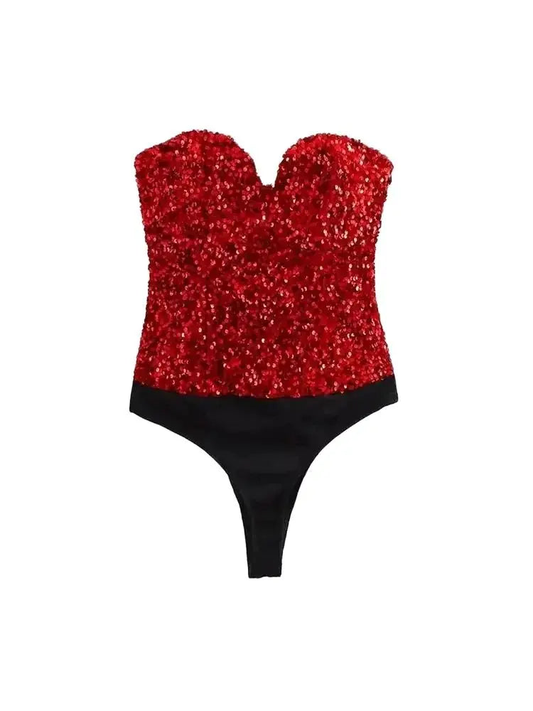 Strapless Sequin Bodysuits for Women, Backless Bodysuits, Sweetheart Neck, Female Playsuits, Sexy Fashion