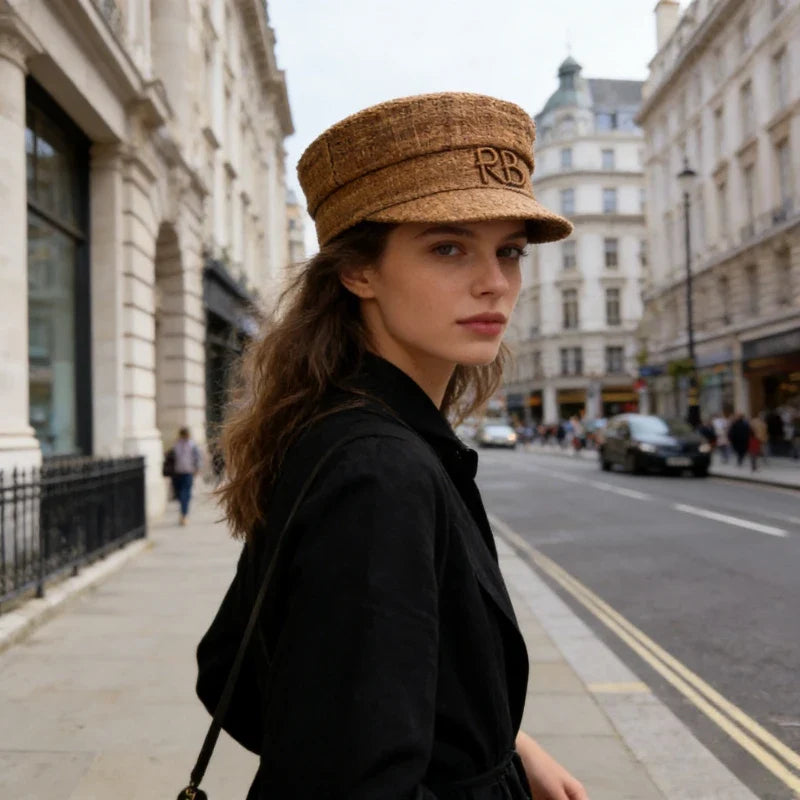 British Women’s Straw Newsboy Cap Summer Flat Top Sun Hat Spring Summer Raffia Handmade Monogram Embellished Baker Boy Cap