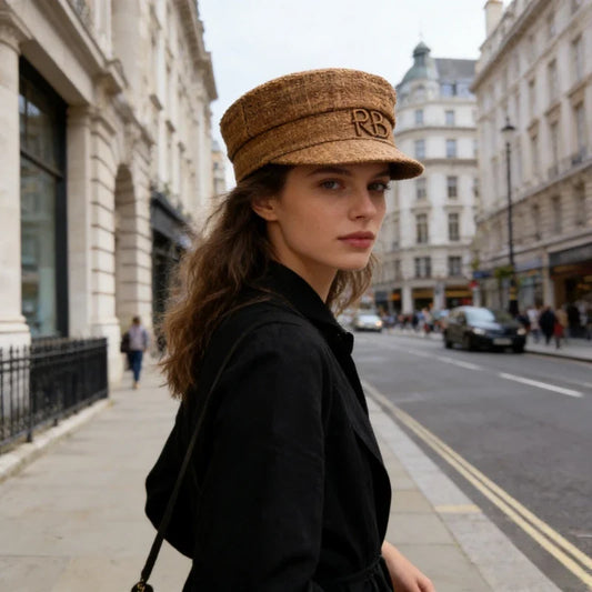 British Women’s Straw Newsboy Cap Summer Flat Top Sun Hat Spring Summer Raffia Handmade Monogram Embellished Baker Boy Cap