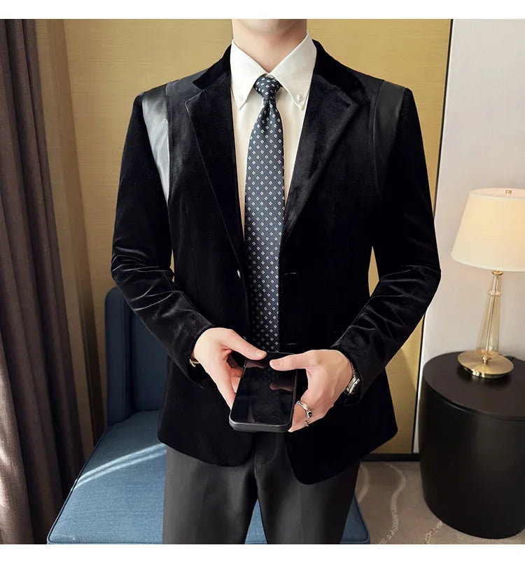 Leather Splicing Mercerized Velvet Suit Jacket 2025 Autumn New Men's High-end Business Slim Fit Fashion Party Tailcoat 4XL-M