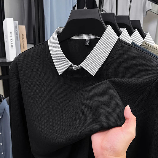 High End Brand Men's Striped Lapel Fake Two Piece Polo Shirt Designer Autumn Winter Fashion Business Simple Versatile Men's Wear