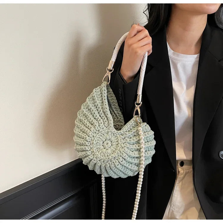 Fashion Conch Shaped Crochet Women Shoulde Bags Funny Cute Pearls Chains Handmade Weave Crossbody Bag Novelty Small Handbags