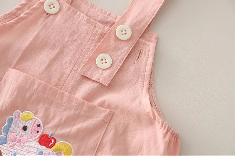 New Summer Suits for Baby Chinese Embroidery Kids Tshirt +Cartoon Horse Overalls 2pcs/sets Toddler Girl Fashion Clothing Outfits