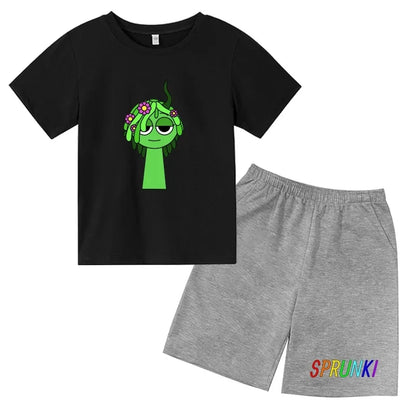 2026 Sprunki Kids T-Shirt + Shorts Set, Boys Girls Cartoon Game Printed Cotton Short Sleeve 2Pcs Summer Casual Outfit