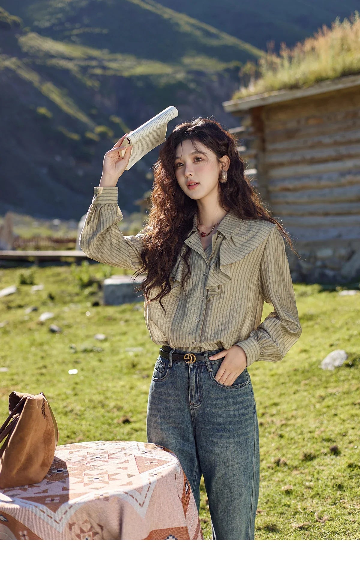Retro Button Long Sleeved Striped Shirt for Women 2024 Autumn Korean Flounce Polo Neck Casual Tops Office Lady MXD41C0321