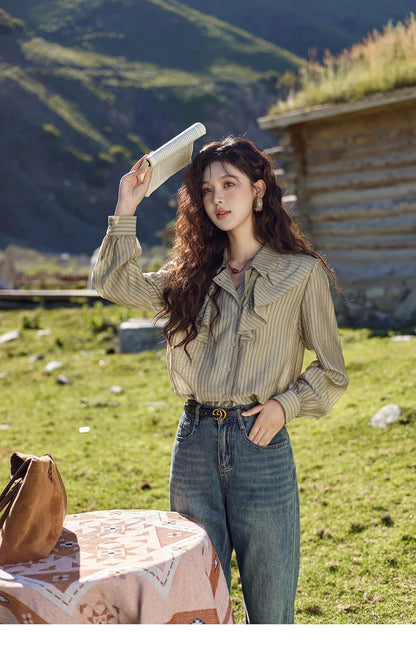 Retro Button Long Sleeved Striped Shirt for Women 2024 Autumn Korean Flounce Polo Neck Casual Tops Office Lady MXD41C0321