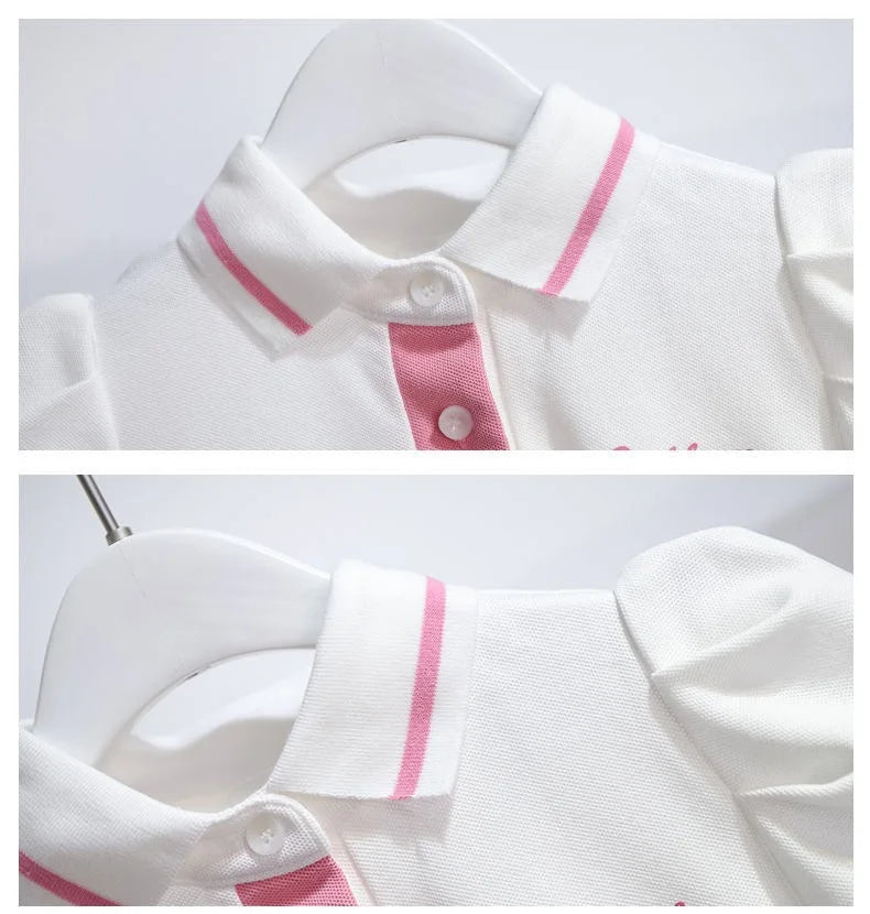 1pcs Summer Children's Dress Girl's Korean Edition Bubble Sleeves Flip Collar Dress Kids Princess Dress Baby Sweet Pleated Skirt