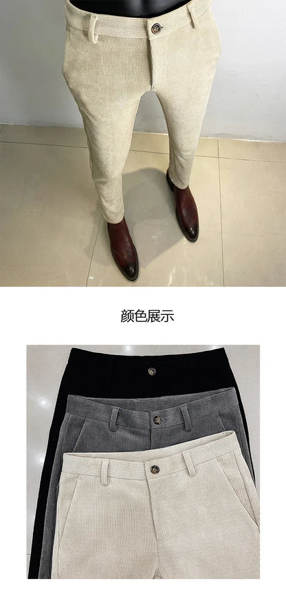 Autumn Winter Thickened Woolen Suit Pant High Quality Men Business Slim Striped Trousers Formal Wear Office Social Dress Pants