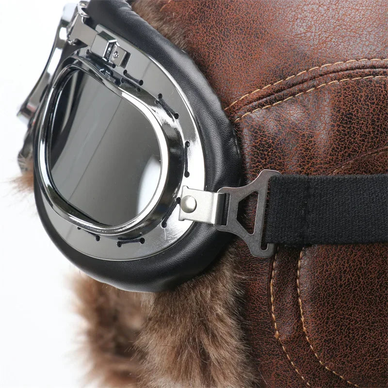 Winter Men Bomber Hat With Goggles Outdoor Motorcycle Windproof Warm Faux Fur Pilot Earflap Hat Leather Thermal Ushanka