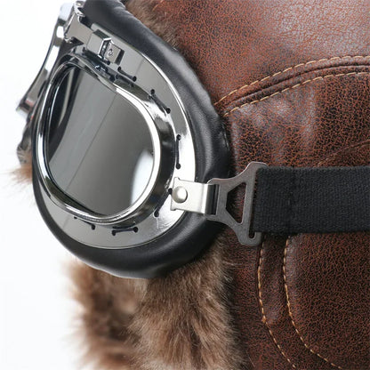 Winter Men Bomber Hat With Goggles Outdoor Motorcycle Windproof Warm Faux Fur Pilot Earflap Hat Leather Thermal Ushanka