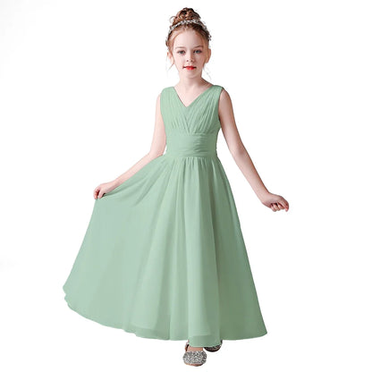 V Neck Sleeveless Girl Long Chiffon Maxi Dress Back Bow Kids Formal Gown Wedding Flower Girl Piano Recital Evening Party Costume