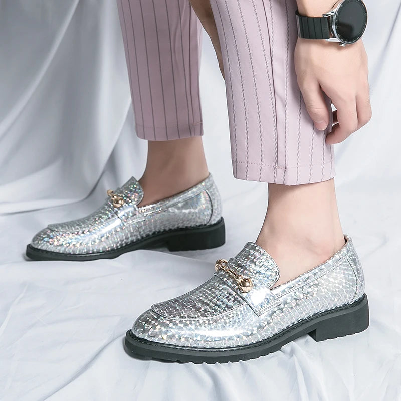 Men's Glossy Leather Shoes European American Luxury Blue High-end Banquet Loafers Commuting Party Dress Formal Shoes Size：38-46