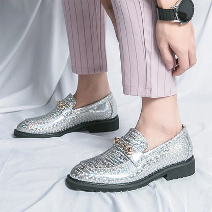 Men's Glossy Leather Shoes European American Luxury Blue High-end Banquet Loafers Commuting Party Dress Formal Shoes Size：38-46