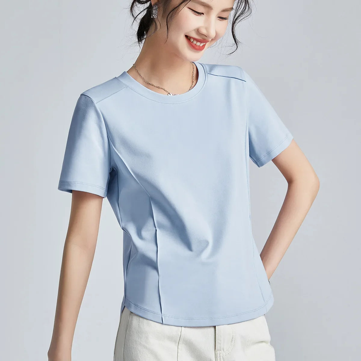 Summer Women's White Mercerized Cotton T-Shirt | 3D Stitching Round Neck Basic Top | Plus Size Slim Fit Layered Casual Blouse