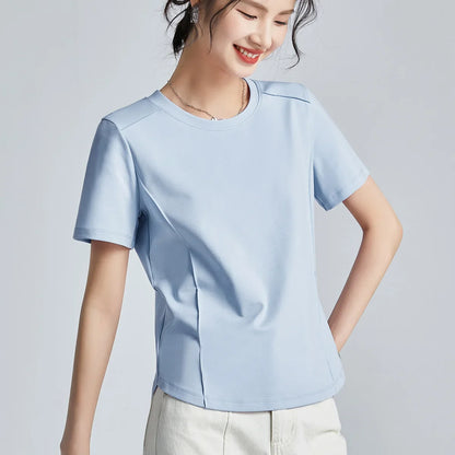 Summer Women's White Mercerized Cotton T-Shirt | 3D Stitching Round Neck Basic Top | Plus Size Slim Fit Layered Casual Blouse