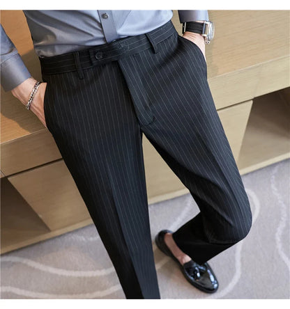 New Korean Style Fashion Striped Embroidery Suit Pants Men's Business Slim Casual Straight Pants Formal Wedding Party Trousers