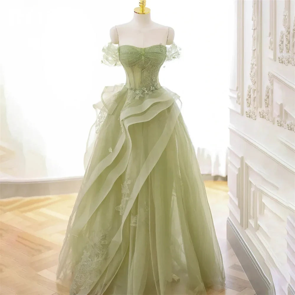 Sage Green Prom Dress Appliques Tulle Celebrity Dresses Tiered Pleat Women's Evening Dress Sweetheart Formal Gown 프롬 드