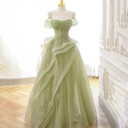 Sage Green Prom Dress Appliques Tulle Celebrity Dresses Tiered Pleat Women's Evening Dress Sweetheart Formal Gown 프롬 드