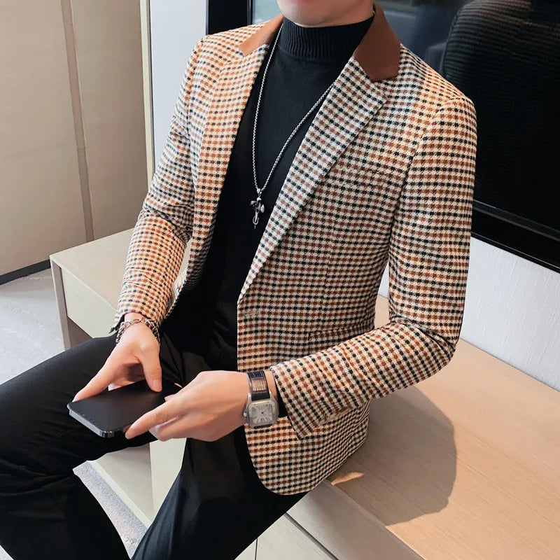 2024 Autumn Winter Korean  Houndstooth Blazer Jackets Fashion Color Matching Lapel Design Casual Men's Plaid Suit Coat Tuxedo