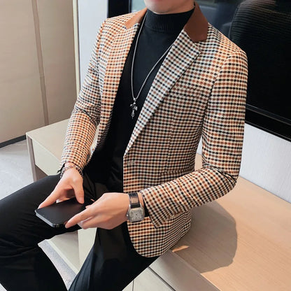 2024 Autumn Winter Korean  Houndstooth Blazer Jackets Fashion Color Matching Lapel Design Casual Men's Plaid Suit Coat Tuxedo