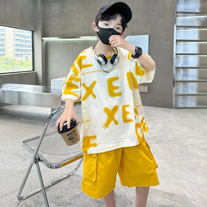 New Fashion Tween Boys Summer Sets Clothing Kids Cotton T-shirt Shorts 2 Pieces Tracksuit Age 5 6 7 8 9 10 11 12 13 14 Years Old