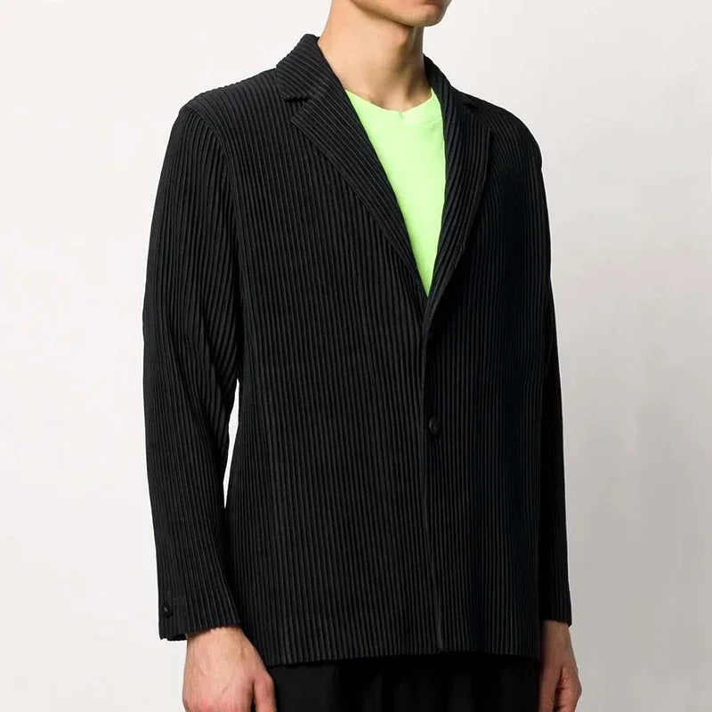 Miyake Pleated Men New Office Black Blazer Luxury High Fashion Suits Partially Lined Autumn Winter Coat