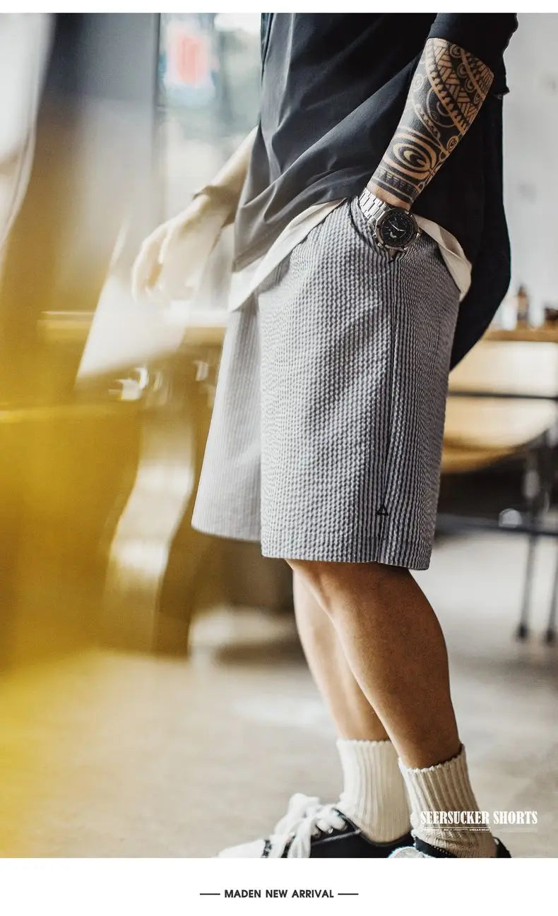 Casual Seersucker Checked Shorts Men's Summer Breathable Office Shorts Elastic Waist Pants Straight Leg Comfortable Bottom