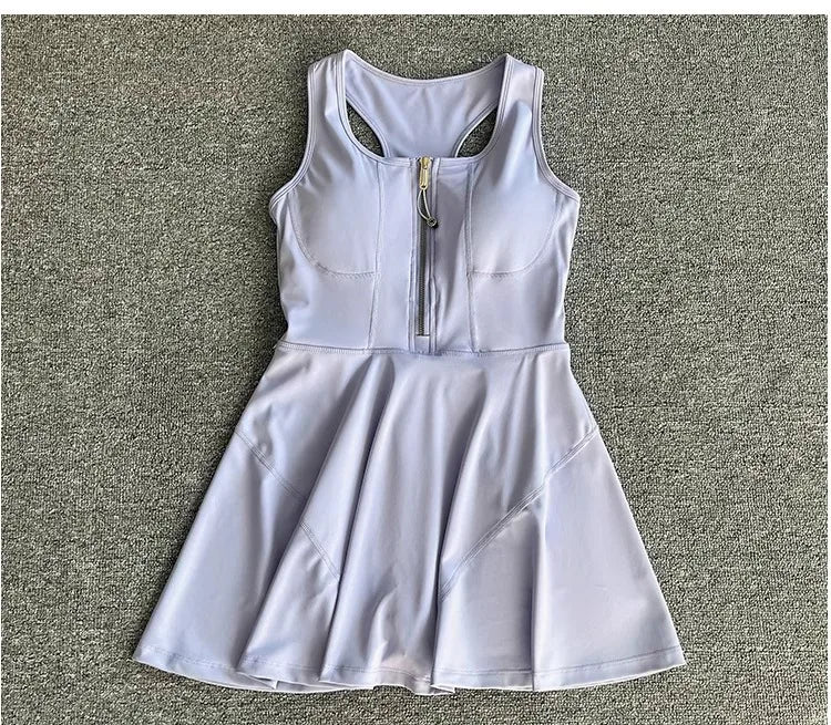 Tennis Skirt Casual Half Zipper Sports Fitness Dress Anti-Running High Waist Slim Golf Yoga Dress
