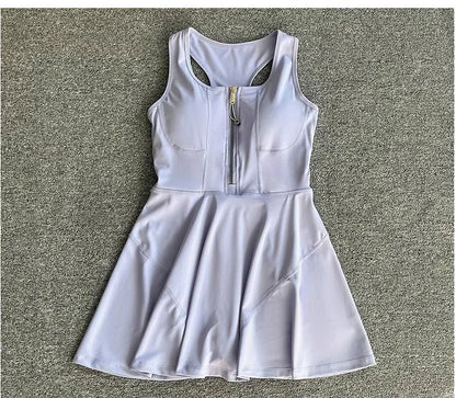 Tennis Skirt Casual Half Zipper Sports Fitness Dress Anti-Running High Waist Slim Golf Yoga Dress